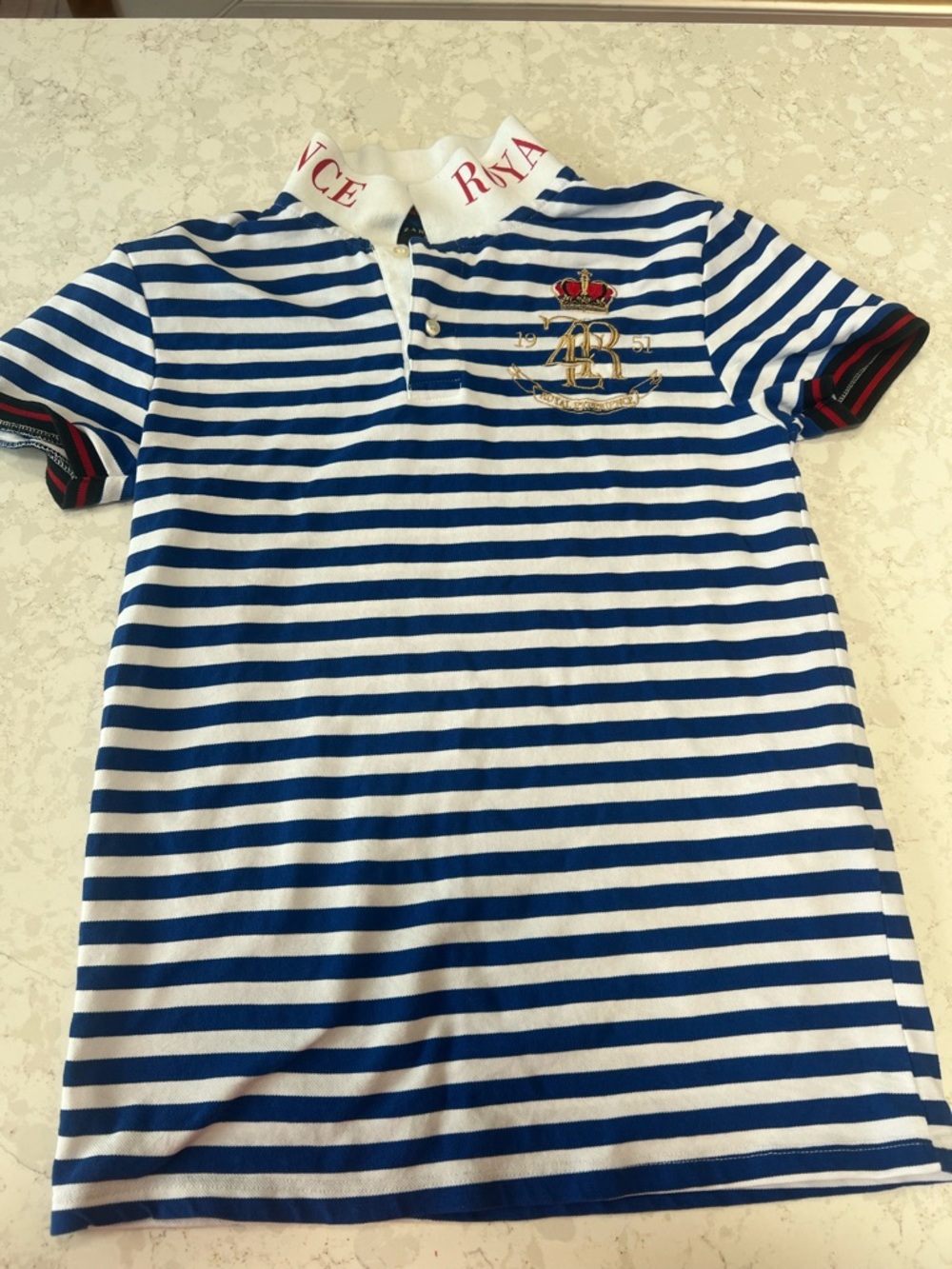 Zara Blue & White Striped Polo with Embroidered Crest